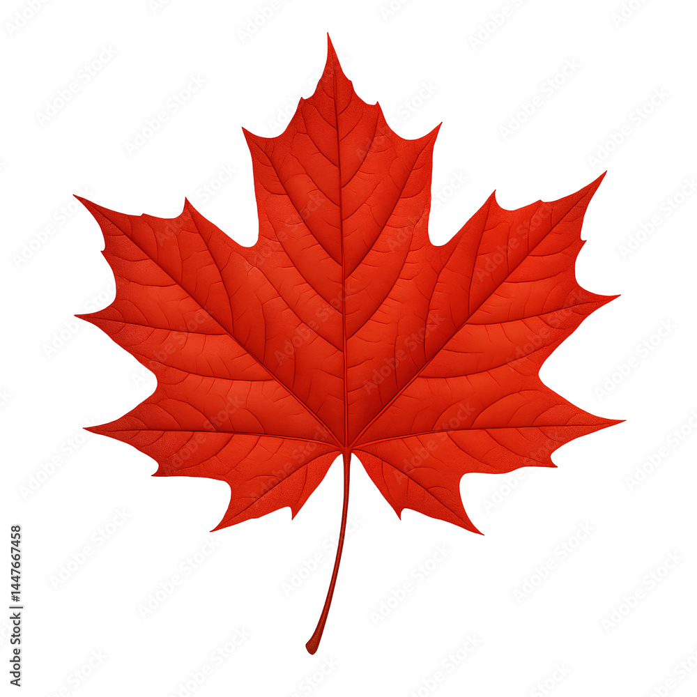 A single red maple leaf with pointed lobes and visible veins on a white background. A single red maple leaf with pointed lobes and visible veins on a white background.
