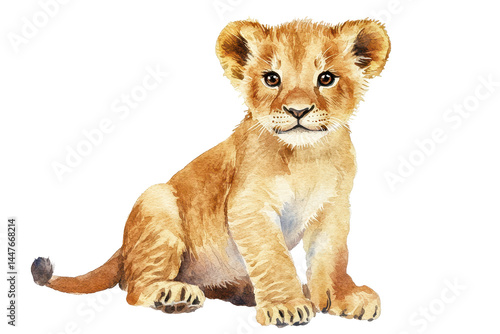 Highlight wildlife beauty with a watercolor lion cub sitting calmly on a clean transparent background