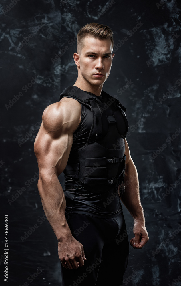 a person wearing a black sleeveless shirt and a weighted vest, standing against a dark, textured background. The individual has well-defined muscles, particularly in the arms and shoulders.
