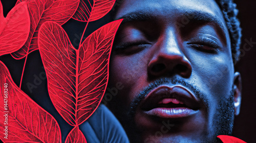 Obraz na płótnie Intensely lit facial features, contrasted by the deep red leaf design, creating a striking visual effect. w salonie