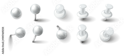 Realistic 3D Push Pins and Round Thumbtacks. White Plastic Pins with Shadows Isolated on Transparent Background