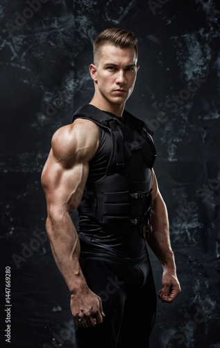 Obraz na płótnie a person wearing a black sleeveless shirt and a weighted vest, standing against a dark, textured background. The individual has well-defined muscles, particularly in the arms and shoulders. w salonie
