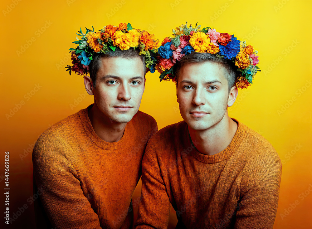 A striking portrait of two men, their expressions serene against a bold yellow backdrop.