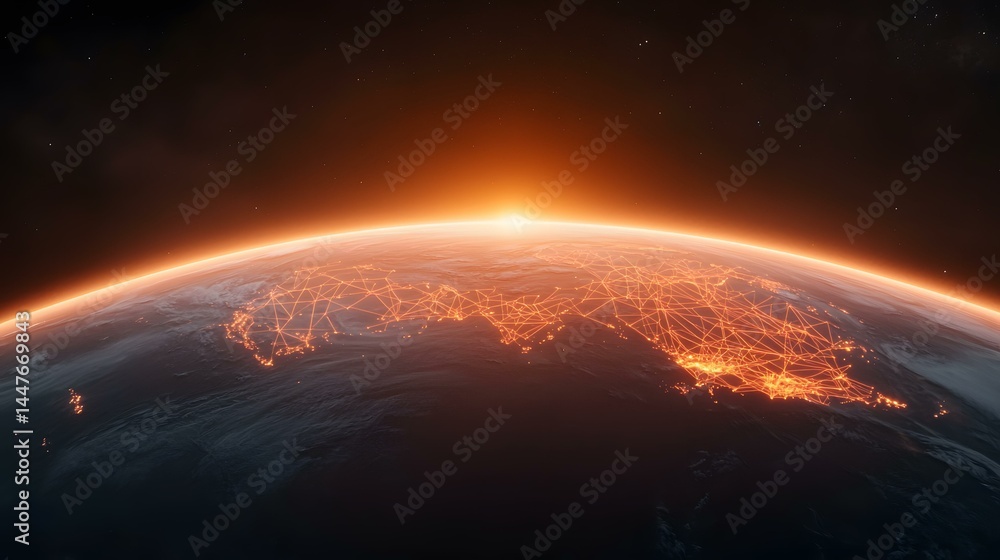 The image shows a sunrise over Earth, with glowing orange lines representing a network of connections across East Asia. The image shows a sunrise over Earth, with glowing orange lines representing a network of connections across East Asia.
