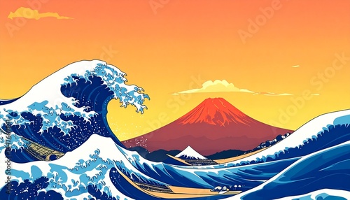 Anime-inspired artwork of a huge ocean wave with Mount Fuji behind it, dramatic composition, warm golden hour lighting, Japanese atmosphere