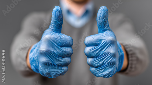 Thumbs Up in Blue Latex Gloves – Hygiene and Safety Concept