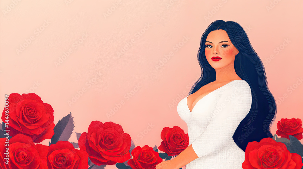 Soft pink backdrop complements the rich red roses and the woman's white dress.
