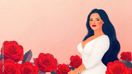 Obraz na płótnie Soft pink backdrop complements the rich red roses and the woman's white dress. w salonie