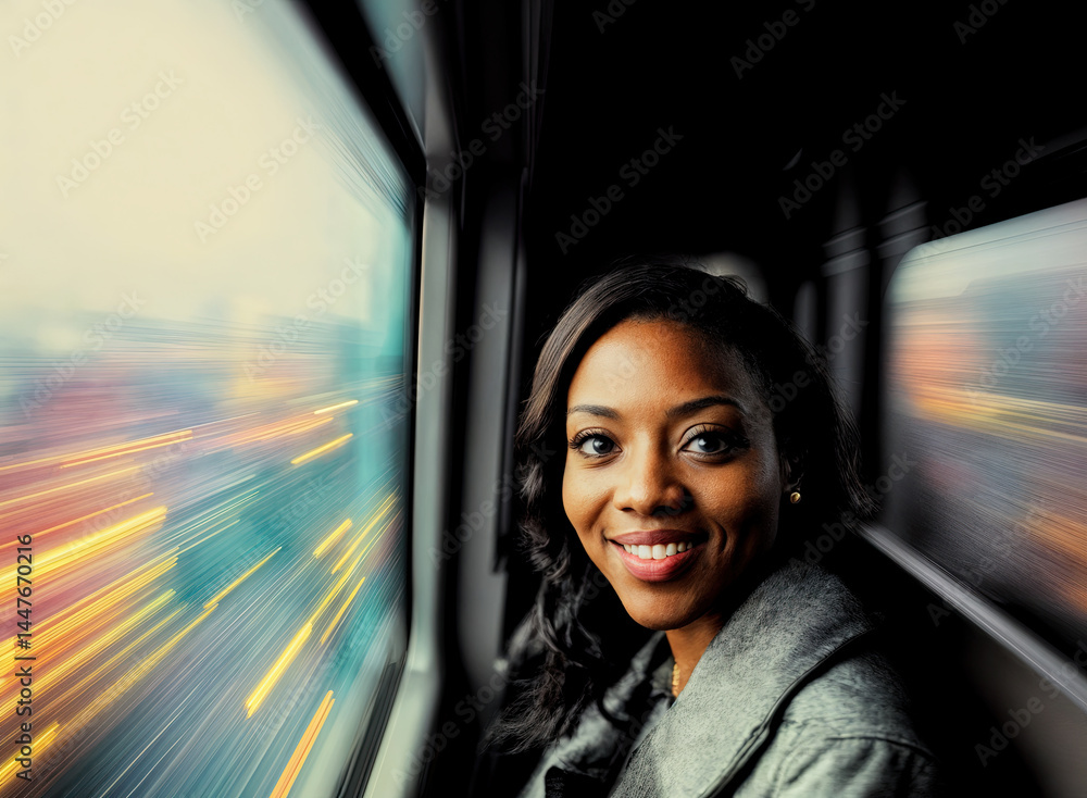 Urban cityscape streaks past, reflected in the train window, as a woman looks out.