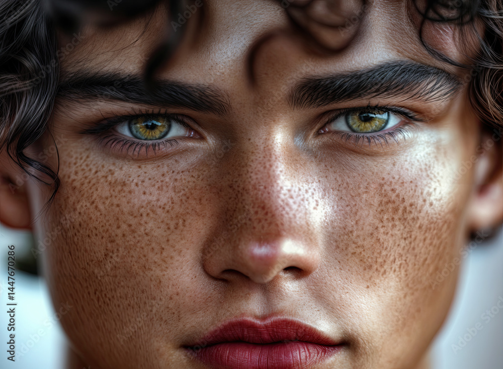 Detailed view of a person's face, emphasizing the subtle texture of the skin and the depth of the eyes.