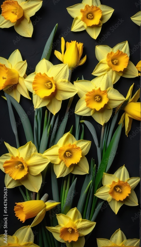 Fototapeta premium Daffodil bouquet, vibrant yellow blooms against dark chalkboard background , yellow flowers, macro
