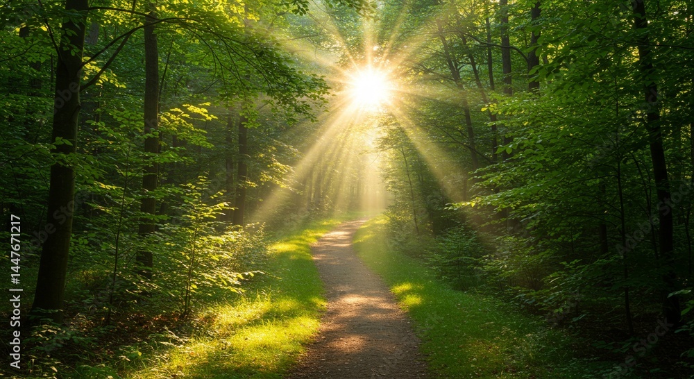 Fototapeta premium Sunlight Streaming Through Green Forest Trees Along Pathway