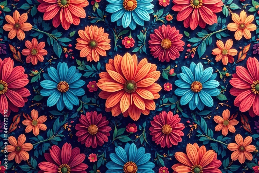 Intricate floral pattern, vibrant hues, continuous design, vine, nature Intricate floral pattern, vibrant hues, continuous design, vine, nature