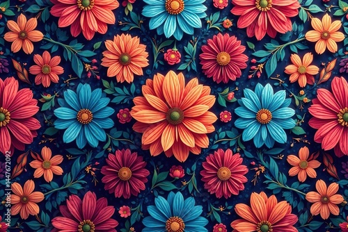 Intricate floral pattern, vibrant hues, continuous design, vine, nature