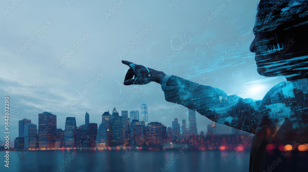 Futuristic cityscape with a person pointing toward the future. Futuristic cityscape with a person pointing toward the future.