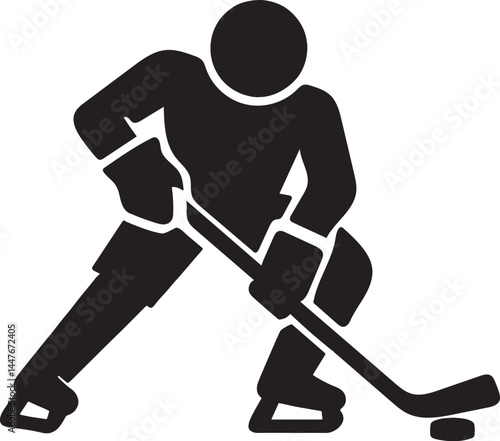 Black silhouette of an ice hockey player in action, skating and controlling the puck with a stick