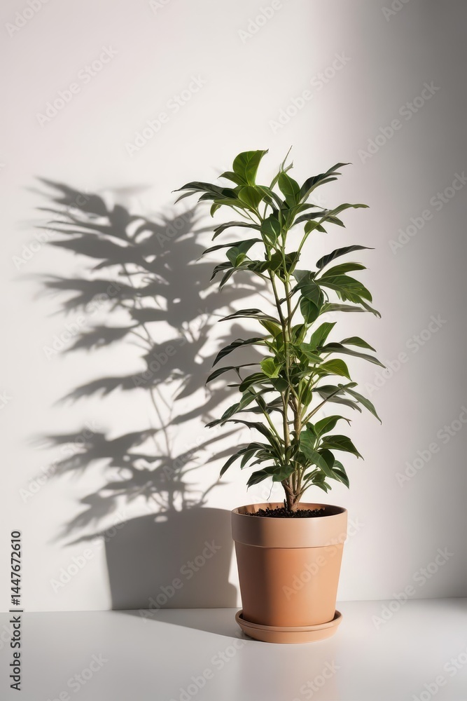Fototapeta premium Single potted plant, stark white background, dramatic shadows , studio, surface, object