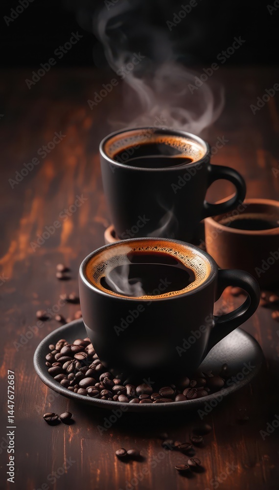 Fototapeta premium Steaming black coffee in simple cup; rich, dark tones , food photography, top view