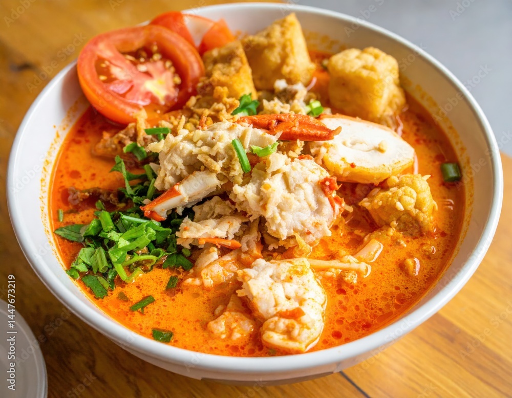 Spicy Curry Noodle Soup With Seafood In White Bowl On Wooden Table Spicy Curry Noodle Soup With Seafood In White Bowl On Wooden Table