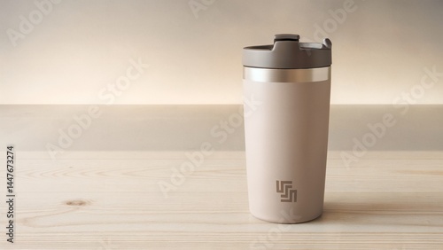 Matte beige tumbler mockup with modern lid design | Minimal matte beige tumbler mockup for branding | Stylish matte beige tumbler mockup on wood background