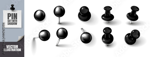 Realistic 3D Push Pins and Round Thumbtacks. Black Plastic Pins with Shadows Isolated on Transparent Background