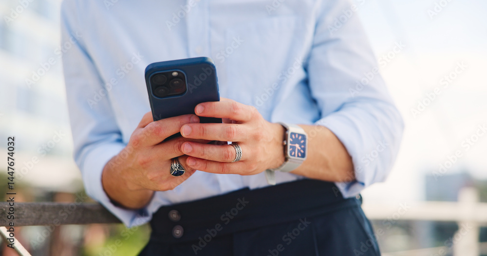 Hands, business and man in city, cellphone and typing with communication, internet and message. Person, outdoor and employee with smartphone, connection and email with online schedule or social media Hands, business and man in city, cellphone and typing with communication, internet and message. Person, outdoor and employee with smartphone, connection and email with online schedule or social media