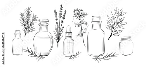 Hand drawn set of skincare natural oils with herbs and glass bottles isolated vector