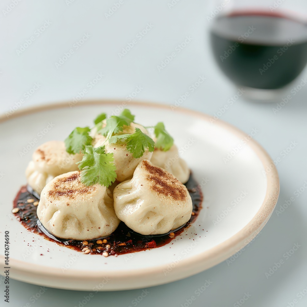 Sichuan chili oil dumplings, luxury minimalist fine dining scene Sichuan chili oil dumplings, luxury minimalist fine dining scene