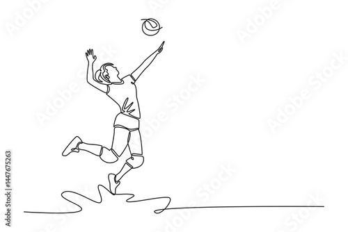 Continuous one line drawing woman volleyball player in motion hitting the ball with jump spike on court during training. Healthy lifestyle concept. Single line draw design vector graphic illustration