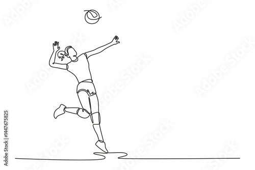 Single continuous line drawing beauty woman volleyball player hitting the ball with jump smash on court during game play. Sport team work or leisure. One line draw graphic design vector illustration