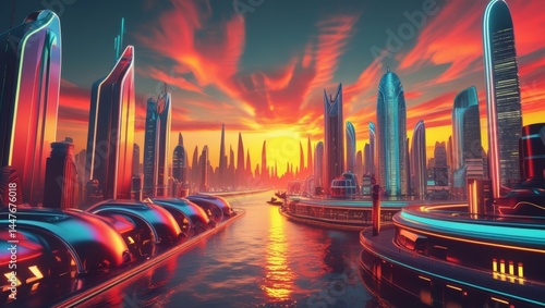 Vibrant city skyline at sunset, blending sleek, metallic, and neon-lit futuristic architecture with warm, nostalgic 1970s color grading, evoking a sense of retrofuturism.