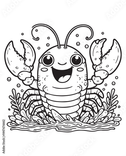 Coloring book lobster emerging from bubbly water with seaweed. A happy and lively marine 