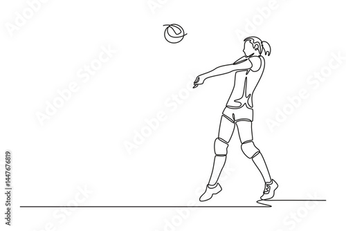 Single continuous line drawing female volleyball player receiving a ball with bump pass. She is training with her team or participating in competition. One line draw graphic design vector illustration