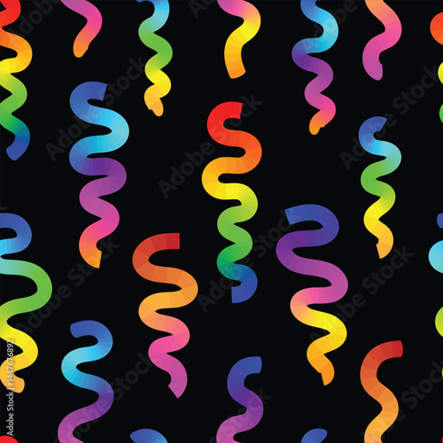 Multicoloured ribbons of rainbow confetti in vector. Abstract seamless background with brightly coloured lines. Colourful birthday and carnival elements.  Vector illustration.