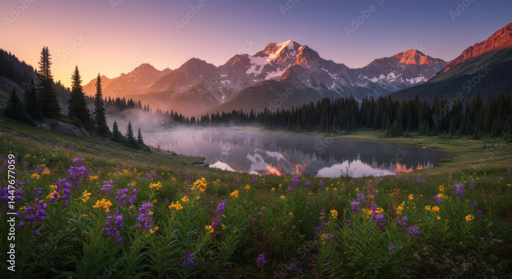 A stunning panoramic view of a tranquil mountain sunrise, where nature’s beauty meets vivid color and peaceful reflection A stunning panoramic view of a tranquil mountain sunrise, where nature’s beauty meets vivid color and peaceful reflection