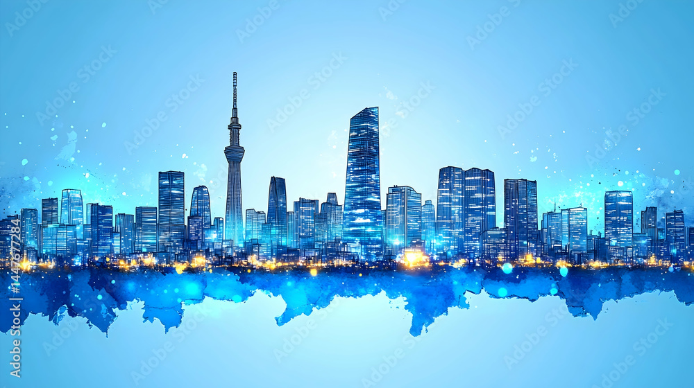 Fototapeta premium Blue city skyline at night sketched style watercolor effect at the bottom Buildings tower lights