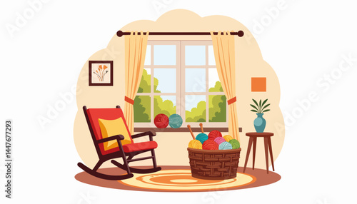 Cozy living room with knitting basket and sunny garden view, comfort