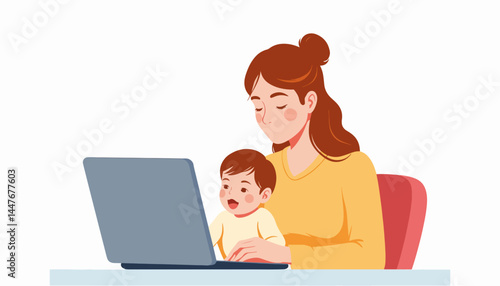 Joyful mom engaging with baby while working on laptop, family connection