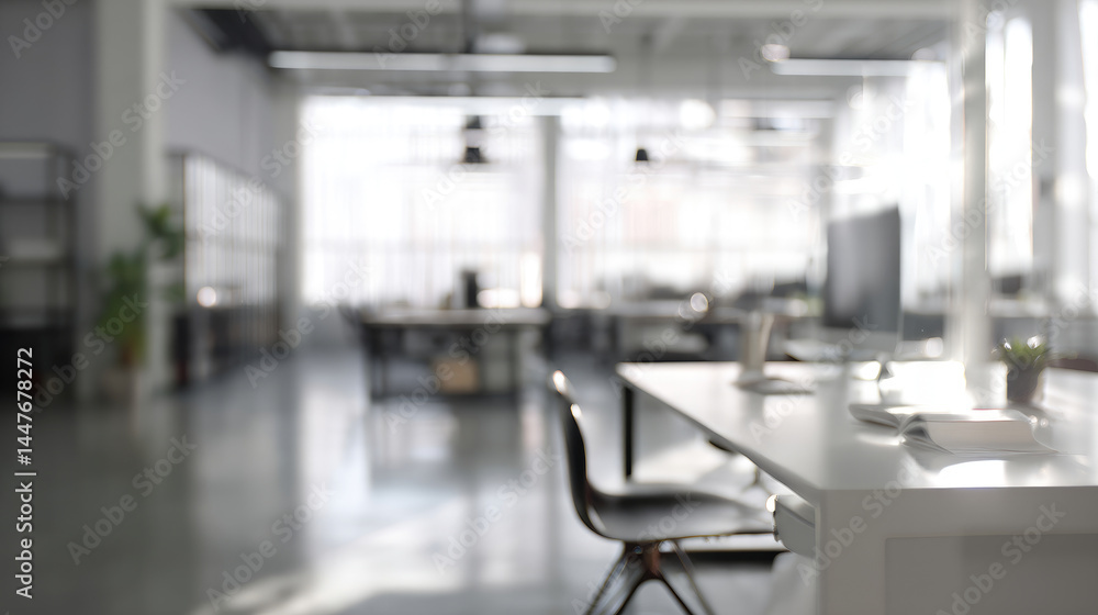 Blurry modern office interior, featuring open space, natural light, and minimalist design Blurry modern office interior, featuring open space, natural light, and minimalist design
