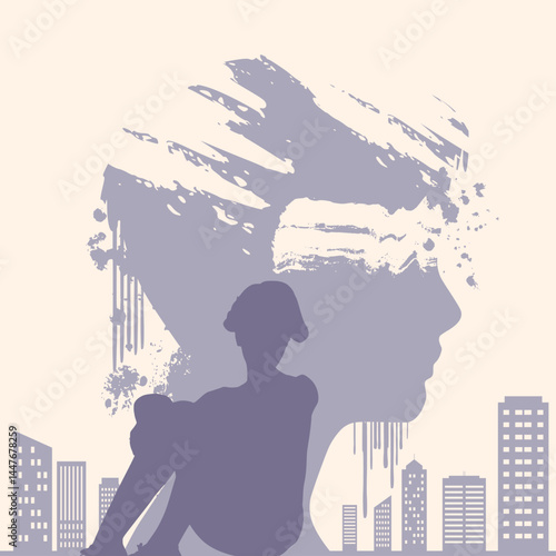 An unhappy woman sits on the street and hug her knee, thinking about problems. Brain damage, cognitive disfunction. Alzheimer's disease. Damaged head silhouette on backdrop. Broken relationships