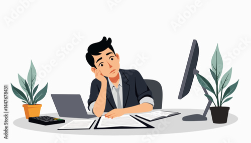 Contemplative finance worker feeling stressed at cluttered desk, workplace challenges