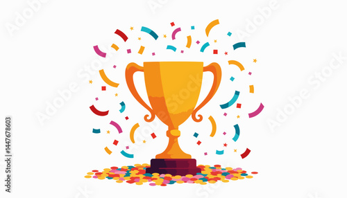 Golden trophy celebrating victory with confetti, achievement concept