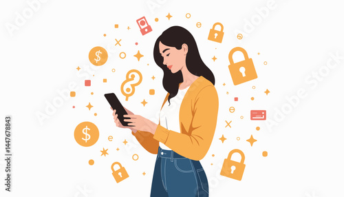 Young woman engaged in mobile banking on smartphone, digital security