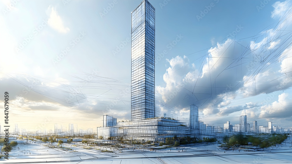 Obraz premium Modern skyscraper in urban landscape under a partly cloudy sky. Detailed architectural design