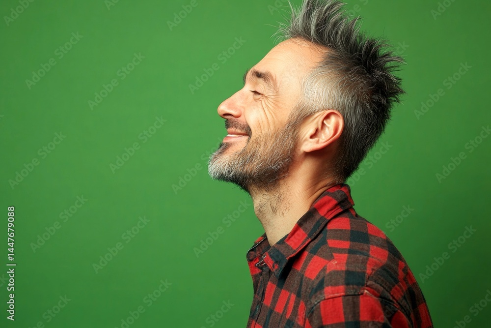Green solid background. A poised man displaying elegance and charm. Modish men's short crest haircut - midlife white man with grey hair. Conceptual art of style for aging men.