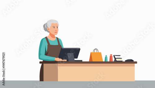Elderly female cashier working at counter in minimalistic shop, commerce