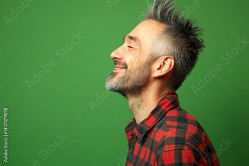 Obraz na płótnie Green solid background. A poised man displaying elegance and charm. Modish men's short crest haircut - midlife white man with grey hair. Conceptual art of style for aging men. w salonie