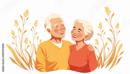 Elderly couple smiling together with nature, joyful love