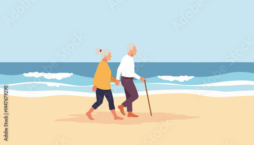 Elderly couple walking hand in hand on beach, love and companionship