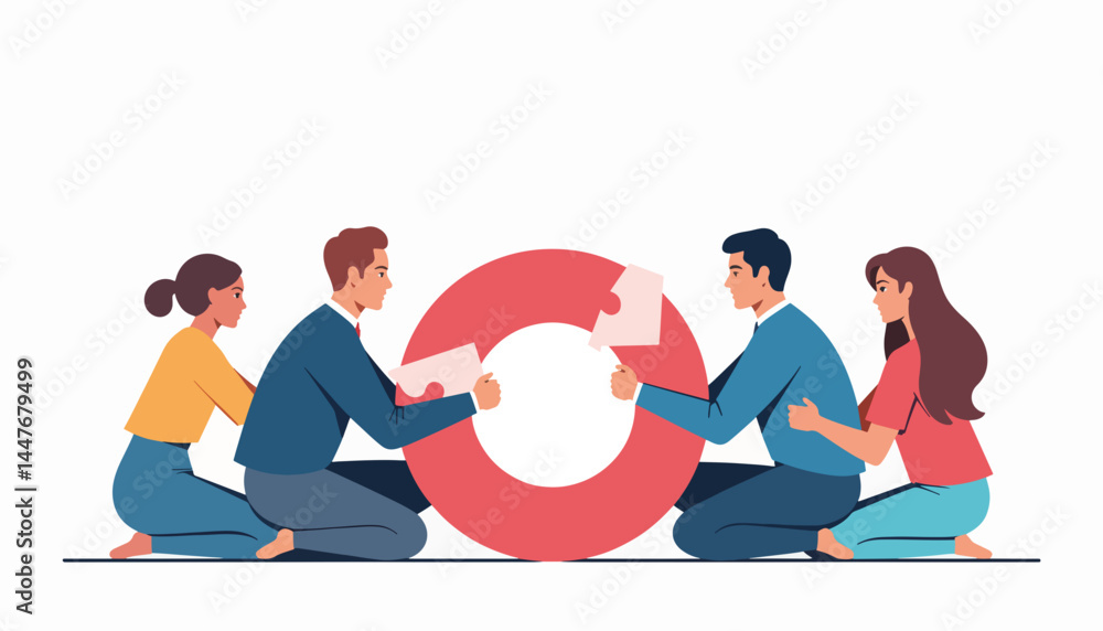 Obraz premium Collaborative teamwork among four professionals assembling puzzle pieces, unity